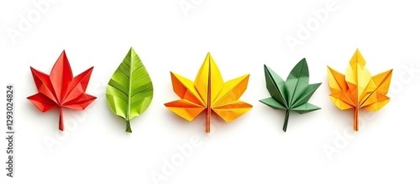 Fototapeta Colorful origami leaves in red, yellow, green, and light green arranged in a line on a clean white background promoting autumn vibes.