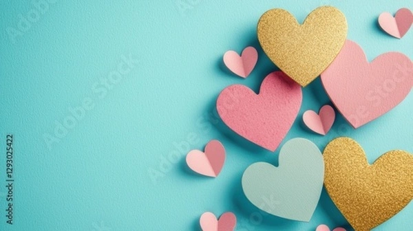 Obraz Heart-shaped decorations in pink, gold, and light blue arranged on a blue background.