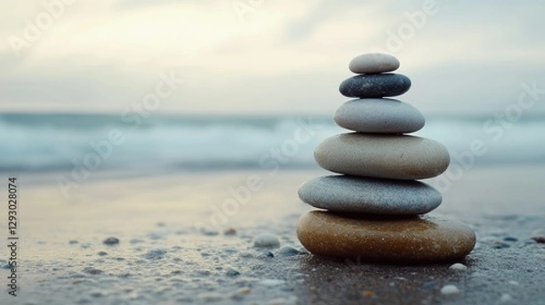 Obraz A mindful composition of smooth pebbles stacked carefully on a wet sandy beach.
