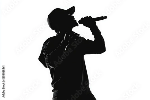 Fototapeta Isolated silhouette of rap singer with microphone in hand. Set of cut out black silhouette of hip hop artist with mic