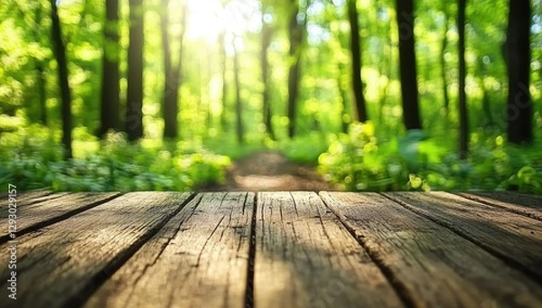 Obraz Rustic wood table in sunlit forest path