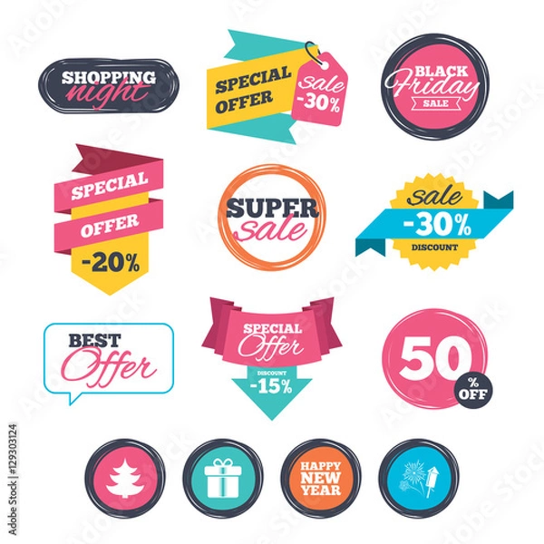 Fototapeta Sale stickers, online shopping. Happy new year icon. Christmas tree and gift box signs. Fireworks rocket symbol. Website badges. Black friday. Vector
