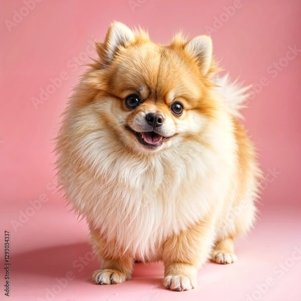 Obraz A fluffy Pomeranian dog with brown and white fur, small erect ears, and a pointed snout, set against a vibrant pink background