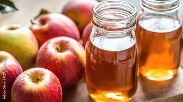 Fototapeta Fresh red apples and jar of golden honey on wooden table creating a rustic homely feeling of natural goodness