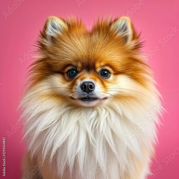 Obraz A fluffy Pomeranian dog with brown and white fur, small erect ears, and a pointed snout, set against a vibrant pink background