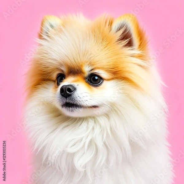 Obraz A fluffy Pomeranian dog with brown and white fur, small erect ears, and a pointed snout, set against a vibrant pink background