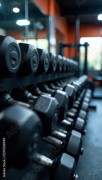 Fototapeta Rows of dumbbells neatly organized on a rack in a gym , weights, gym, steel