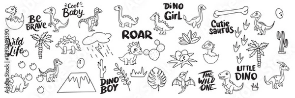 Fototapeta Collection of dinosaurs in doodle style. Hand drawn vector art
