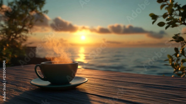 Fototapeta steaming cup of coffee on wooden table with beautiful s et over ocean creates serene atmosphere
