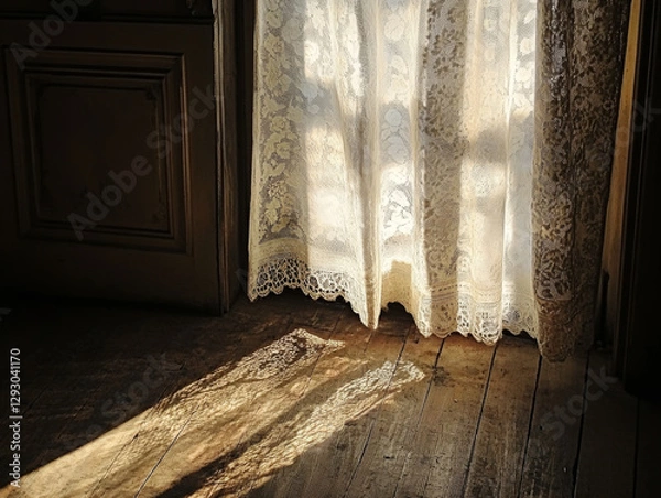 Fototapeta Sunlight streaming through lace curtains creates beautiful patterns on wooden floor