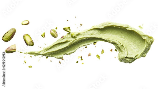 Fototapeta smear of Vegan green pistachio nut butter spread topped with pistachio nut shavings on white background, ideal for Pistachio latte and Pistachio kunefe chocolate bar