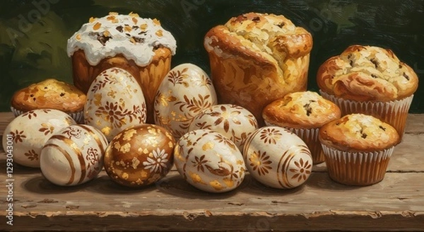 Obraz Easter Eggs and Bread Artistic Still Life