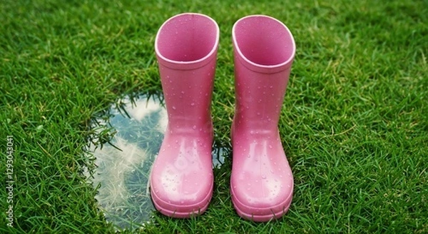 Obraz Shiny Pink Rainboots Sitting Wetly on Grass against Grass Background