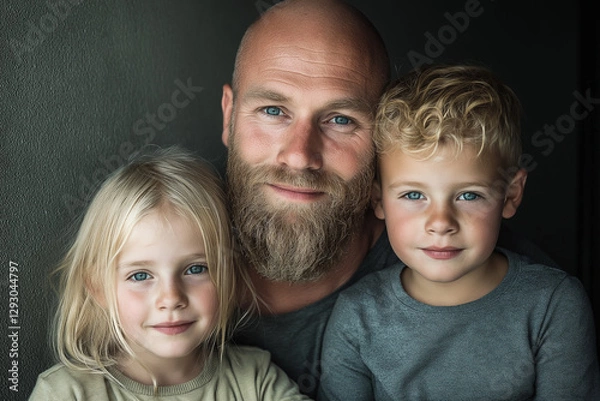 Fototapeta Bearded father with two light-haired children in soft knitwear, textured dark background, close-up