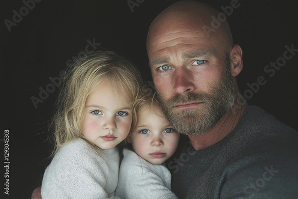 Fototapeta Serious father embracing his two children, dramatic black background, close-up portrait