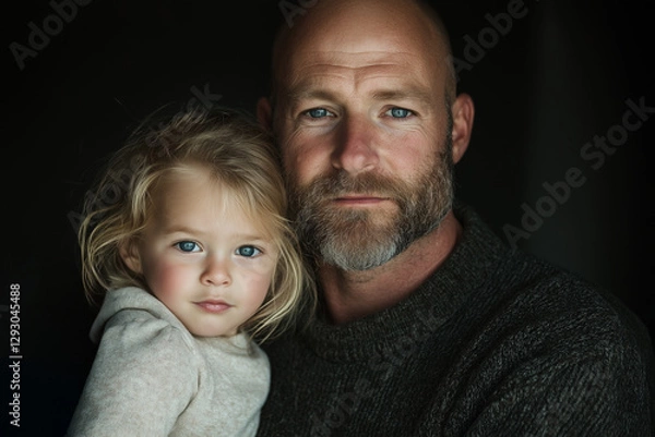 Fototapeta Bearded father and daughter in warm sweaters, serious expressions, dark background, close-up