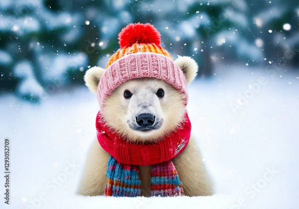 Fototapeta animal, bear, snow, polar, cap, christmas, humor, image, frost, frozen, happiness, antarctica, celebrate, invitation, poster, seasonal, soft, smile, christmas card, snowfall, climate change, cool