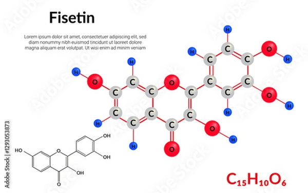 Fototapeta Fisetin plant flavonol, molecular structure formula, ball-and-stick model, suitable for education or chemistry science content. Vector illustration