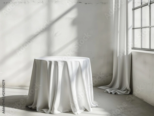 Fototapeta Round table covered with blank clean white tablecloth in minimalist style. Bright room interior with shadows from window on wall. Happy morning. Copy space for text.
