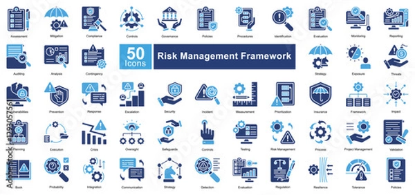 Fototapeta Risk Management Framework icon set in Two Color style, featuring 50 icons of assessment, compliance, security, and governance. Ideal for corporate risk analysis, auditing, and policy enforcement.
