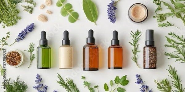 Fototapeta Natural cosmetic bottles and ingredients forming a pattern on white background