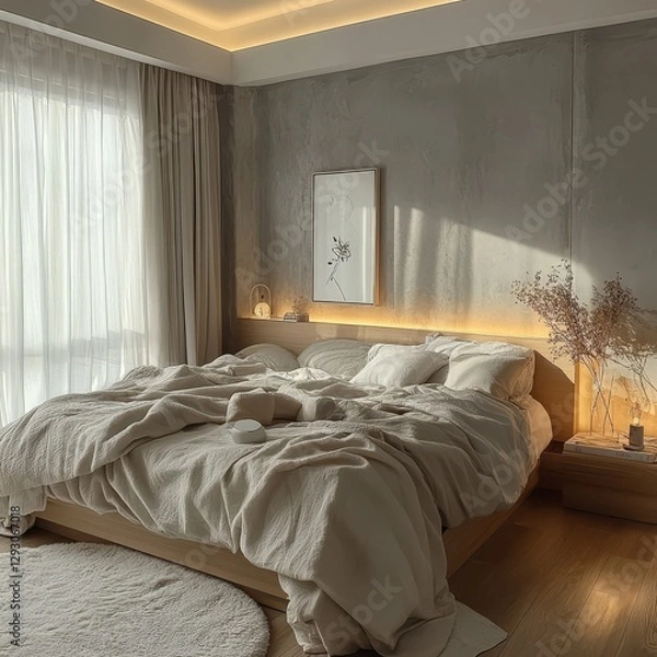 Fototapeta A minimalist bedroom showcasing a cozy and inviting bed setup