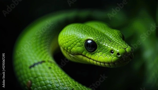 Obraz green snake on a black background