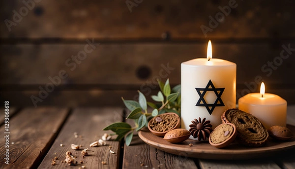 Fototapeta Star of David candle with nuts and spices on rustic table