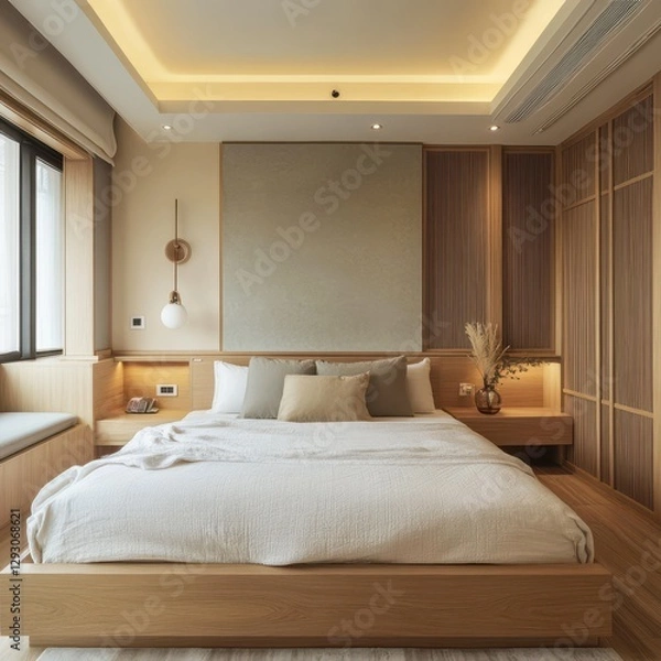 Fototapeta Contemporary bedroom with wooden panels and neutral tones shows great style