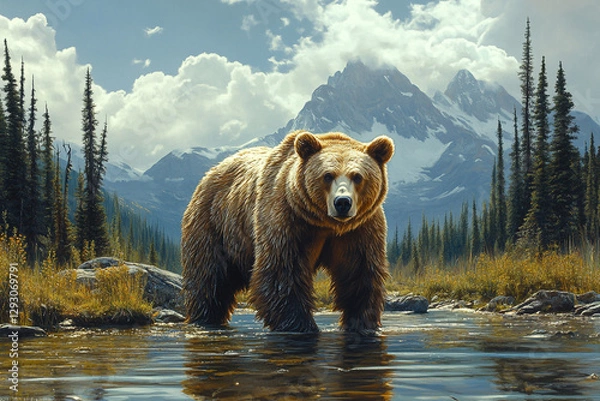 Fototapeta Majestic Grizzly's Serene Stroll Through Mountain Stream in Wilderness
