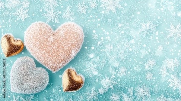 Fototapeta A heart-shaped object covered in white snow sits on a light blue background with scattered white snowflakes.