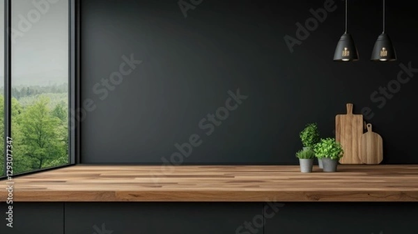 Fototapeta Sleek and modern kitchen with a minimalist wooden bar top accented by hanging lights that cast a warm glow and offering a peaceful view of the lush green forest outside the window