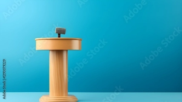 Obraz Wooden Podium with Microphone on Blue Background Speech Presentation Public Speaking Conference