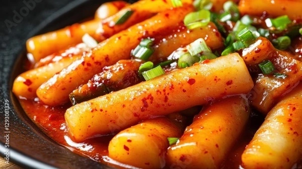 Fototapeta Close-Up of Spicy Korean Tteokbokki Rice Cake on Plate with Green Onions and Red Sauce