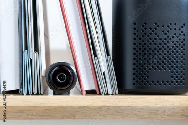 Fototapeta Hidden camera or spy camera under books on wooden shelf in room. Concept of spy, detective, property protection, security.