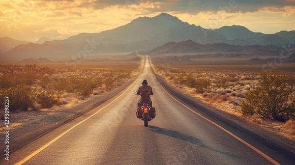 Fototapeta A lone motorcyclist rides along an endless desert highway at sunset with mountains in the distance