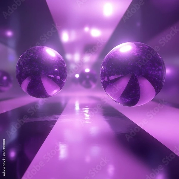 Obraz Purple Abstract Spheres in a Futuristic Tunnel.  A mesmerizing digital art piece showcasing vibrant purple spheres in a dynamic tunnel.  A stunning 3D rendering with geometric shapes