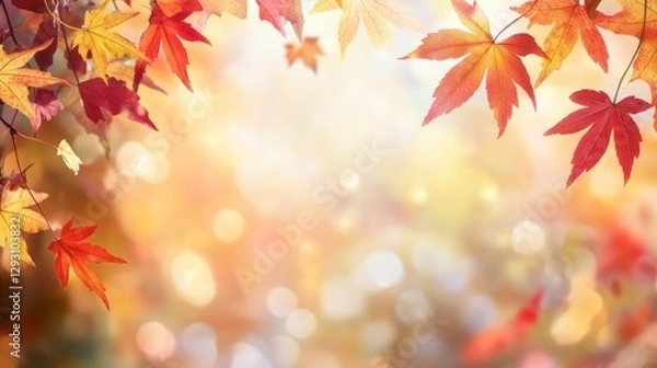 Fototapeta Autumn background with blurred autumn leaves and copy space for text, autumn concept. Autumn background with falling colorful red, yellow, and orange maple leaves
