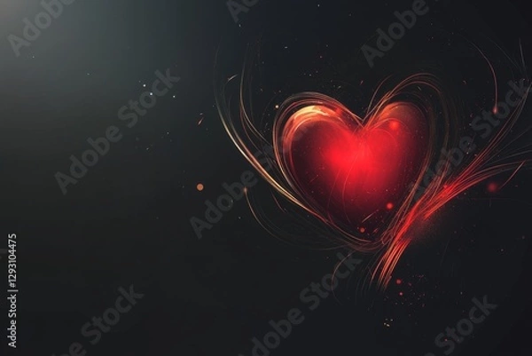 Fototapeta A red heart-shaped vector graphic on a black background, with glowing light effects,