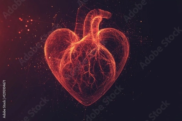 Fototapeta A red heart-shaped vector graphic on a black background, with glowing light effects,