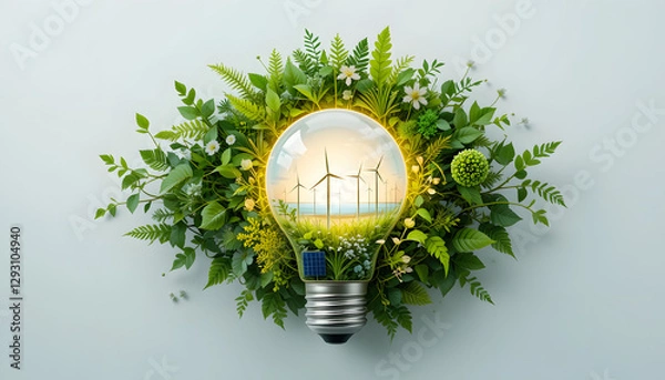 Fototapeta A glowing light bulb with nature, solar panels, and wind turbines inside, representing clean and renewable energy on a white background.