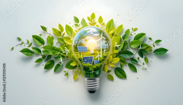 Fototapeta A glowing light bulb with nature, solar panels, and wind turbines inside, representing clean and renewable energy on a white background.