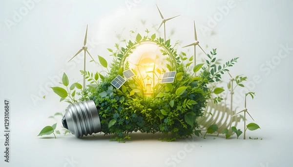 Fototapeta A glowing light bulb with nature, solar panels, and wind turbines inside, representing clean and renewable energy on a white background.