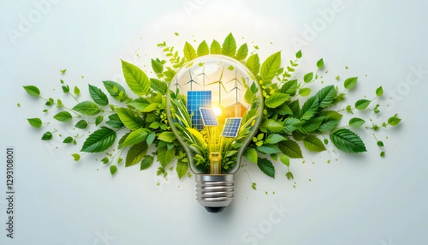 Fototapeta A glowing light bulb with nature, solar panels, and wind turbines inside, representing clean and renewable energy on a white background.