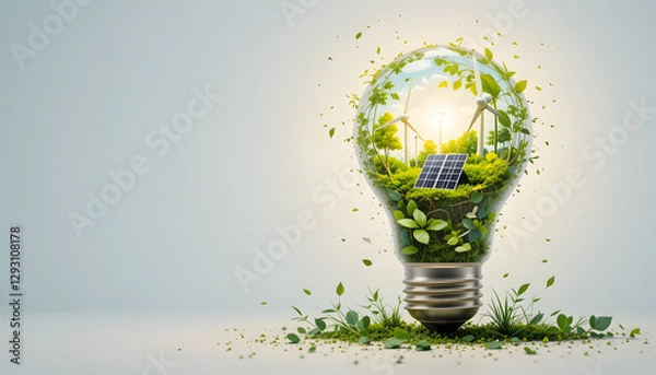 Fototapeta A glowing light bulb with nature, solar panels, and wind turbines inside, representing clean and renewable energy on a white background.