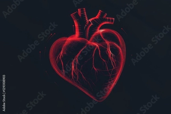 Fototapeta A red heart-shaped vector graphic on a black background, with glowing light effects,