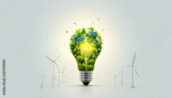 Fototapeta A glowing light bulb with nature, solar panels, and wind turbines inside, representing clean and renewable energy on a white background.