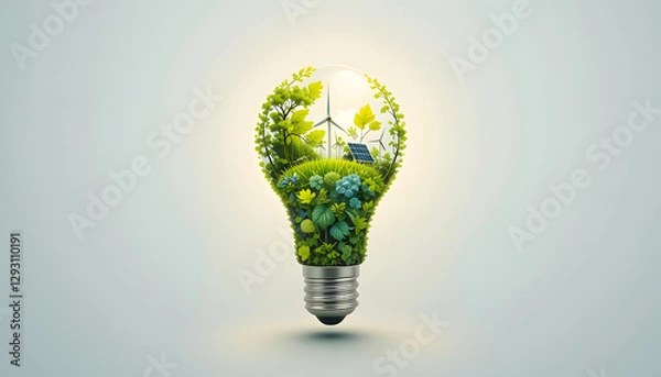 Obraz A glowing light bulb with nature, solar panels, and wind turbines inside, representing clean and renewable energy on a white background.