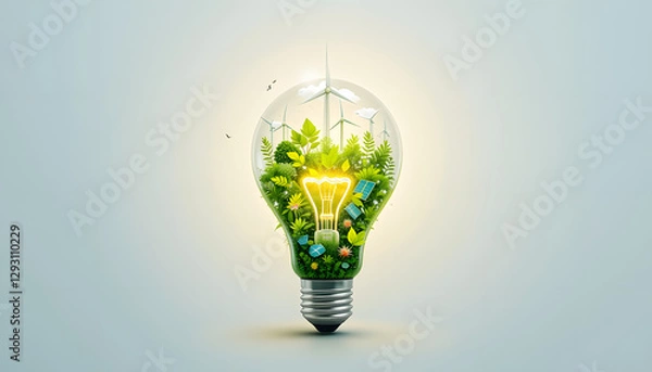 Fototapeta A glowing light bulb with nature, solar panels, and wind turbines inside, representing clean and renewable energy on a white background.