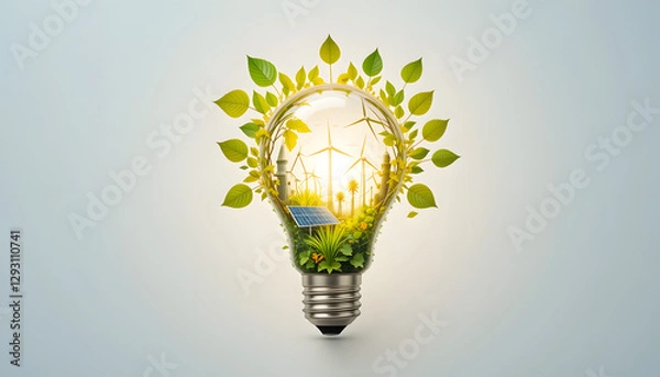 Fototapeta A glowing light bulb with nature, solar panels, and wind turbines inside, representing clean and renewable energy on a white background.